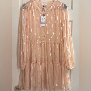 A Loves A Dress Tunic Babydoll Long Sleeves Mini Dress Peach & Silver XS New NWT